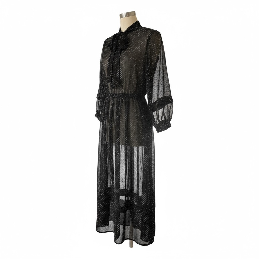 Source Unknown Black Sheer Polka Dot Midi Dress with Bow Neck